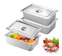 PORFOYO Juego de 3 cuencos para empanar, de acero inoxidable, 3 piezas, recipiente de acero inoxidable con tapa 32,5 x 17,5 x 6,5 cm, recipiente Gn 1/3, sartenes de hotel, sartenes de mesa de vapor