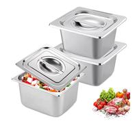 PORFOYO Juego de 3 cuencos para empanar, de acero inoxidable, 3 piezas, recipiente de acero inoxidable con tapa 17,2 x 16,2 x 10 cm, recipiente Gn 1/6, sartenes de hotel, sartenes de mesa de vapor