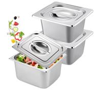PORFOYO Juego de 3 cuencos para empanar, rectangular, recipiente gastronorm de acero inoxidable con tapa, recipiente Gn con tapa, 17,6 x 16,2 x 10 cm para chuletas, carne, pescado