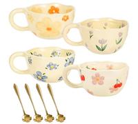PORFOYO Juego de tazas de cerámica: 4 piezas de taza de té de cerámica hecha a mano con flor, taza de café creativa estética regalo de leche, tazas irregulares para el hogar y la oficina (estampado