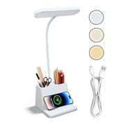 PORFOYO Lámpara de escritorio para niños, lámpara de mesa LED con carga inalámbrica, lámpara de noche, lámpara de lectura con soporte para bolígrafo, lámpara de noche de cuello de cisne de 360°, 3