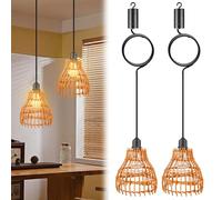 PORFOYO LámparaS Colgante De RatánS Vintage,2 Piezas E27 Lámpara Colgante Ratán Con Control Remoto,Lámpara De Ratán Bohemia,Boho Vintage Luz De Techo Para Patio Bar Jardín Terraza Sala Dormitorio