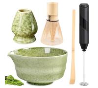 PORFOYO Matcha Set con espumador de leche eléctrico, juego de té Macha de 5 piezas, juego de té matcha, juego de escoba matcha, incluye cuenco de matcha, batidor de bambú matcha, pala de bambú