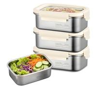 PORFOYO Meal Prep Cajas de acero inoxidable, juego de 3 fiambreras apilables con tapa, fiambrera a prueba de fugas, de acero inoxidable, recipientes reutilizables con tapa, fiambrera de acero