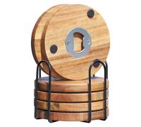 PORFOYO Posavasos De Madera De Acacia, Juego De 6, 10 cm, Redondos, Con Soporte Y Abridor De Botellas