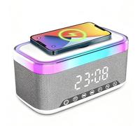 PORFOYO Reloj despertador digital inteligente con Bluetooth, con cargador inalámbrico de 15 W, luz nocturna de 6 colores, altavoz Bluetooth, color blanco
