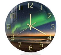 PORFOYO Seaside - Reloj de pared con luces del norte, grande, 30 cm, reloj de pared de cristal, redondo, silencioso, sin tictac, reloj de pared de cristal para salón, cocina, baño, dormitorio, reloj