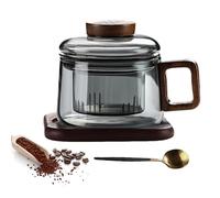 PORFOYO Taza de té de cristal con tapa y colador, tazas de té de 200 ml con mango de madera, vasos de té, taza de té de vidrio de borosilicato, taza con posavasos de madera para té floreciente y