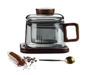 PORFOYO Taza de té de cristal con tapa y colador, tazas de té de 200 ml con mango de madera, vasos de té, taza de té de vidrio de borosilicato, taza con posavasos de madera para té floreciente y