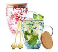 PORFOYO Tazas De Café De Vidrio De Flores Secas,Juego De 2 350 ML Vaso Doble Pard Con Cuchara,Tapa,Vasos Dobe Pared Transparente,Taza De Café De Doble Pared Para Té,Café Helado,Leche,Cerveza