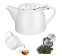 PORFOYO Tetera de cerámica, 500 ml, porcelana, con colador, apta para lavavajillas, mango redondeado, para té suelto o bolsas de té, blanco