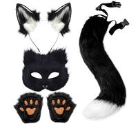 Porgeel Orejas de gato y cola 4 unids/set blanco negro Cosplay Halloween disfraz peludo juego de rol disfraz de lobo peludo Cosplay