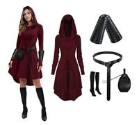 PORJDN Gothic Kleid Set Damen Mittelalter Kleidung Damen Halloween Robe Kapuzkleid mit Gürtel,Retro Goldmünzenbeutel,Korsett,Overknee Socken,Armschützer,Schürzenklammer. (Rötlichbraun, S)