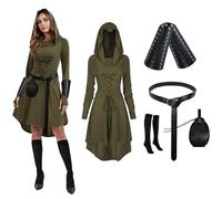 PORJDN Gothic Kleid Set Damen Mittelalter Kleidung Damen Halloween Robe Kapuzkleid mit Gürtel,Retro Goldmünzenbeutel,Korsett,Overknee Socken,Armschützer,Schürzenklammer.(Grün, 3XL)