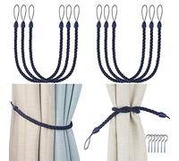 Porlau - Juego de 6 alzapaños de cuerda para cortinas decorativas con ganchos de metal para cortinas gruesas o transparentes para interiores o exteriores (azul marino, 6)