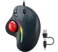 PORLEI Ratón ergonómico con cable, control de pulgar de 34 mm, iluminación | Precisión de bola rodante suave, comodidad esculpida, USB-C y USB-A, plug-and-play, 5 DPI ajustables