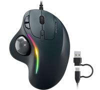 PORLEI Ratón Trackball con cable con iluminación RGB, control ergonómico del pulgar para reducir la tensión muscular, 5 DPI ajustables, conectividad dual USB-C y USB-A, compatible con PC, portátil