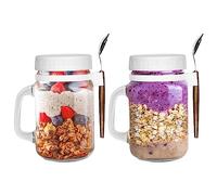 porlik Juego de 2 vasos de yogur Overnight Oats, 450 ml, tarros de Mason Jars con tapa para, Cereal On The Go Container, vaso de yogur para llevar con cuchara, vaso de cereales de cristal para llevar
