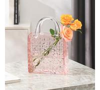 PORPAN Jarrón Rectangular de Cristal Rosa de 12 Pulgadas con patrón en Relieve para Flores, Boda, Sala de Estar, Dormitorio, Mesa, Oficina