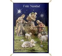 Porras E&B Balconera Navidad Colgaduras niño Jesus Dios ha Nacido Feliz Navidad Portal de Belén Pastor (70 X 100 cm) Tela Blanca