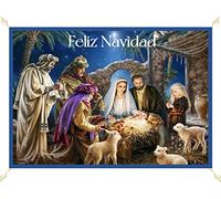 Porras E&B Balconera Navidad Colgaduras niño Jesús Dios ha Nacido Reyes Magos Belén (70 X 100 cm) Tela Blanca