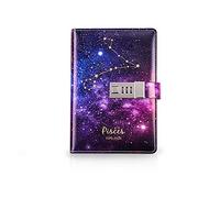 PORRASSO B6 PU Cuaderno Set Diario de Viaje Mujer con Cerradura de Combinación Estrellado Bloc de Notas Niña Constelación Vidrio Bolígrafo 224 Paginas Piscis