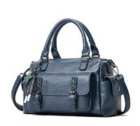 PORRASSO Bolsos de Mujer Bolso Bandolera Retro Bolsa de Hombro con Colgante Señoras Bolso de Mano Impermeable Bolsa de Mensajero de Cuero PU Viajes Trabaja Citas Bolso Boston Azul