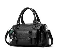 PORRASSO Bolsos de Mujer Bolso Bandolera Retro Bolsa de Hombro con Colgante Señoras Bolso de Mano Impermeable Bolsa de Mensajero de Cuero PU Viajes Trabaja Citas Bolso Boston Negro