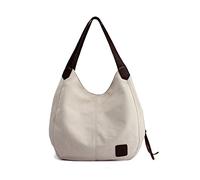 PORRASSO Bolsos de Mujer Lona Bolsa Tote Señoras Bolso de Hombro Vintage Bolso de Mano Ligero para Compras Viajes Escolares Trabajo Blanquecino