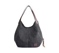 PORRASSO Bolsos de Mujer Lona Bolsa Tote Señoras Bolso de Hombro Vintage Bolso de Mano Ligero para Compras Viajes Escolares Trabajo Negro