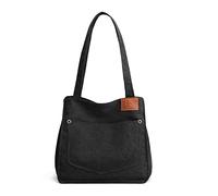 PORRASSO Bolsos de Mujer Lona Bolso de Hombro Retro Bolsa Tote Señoras Bolso de Mano para Escolares Trabajo Uso Diario Negro