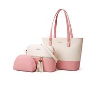 PORRASSO Bolsos de Mujer Set 3pcs Bolso de Hombro de Moda Señora Bolso Bandolera Grande Bolso Tote PU Cuero Bolso Shopper para Escuela Trabajo Viaje Rosa