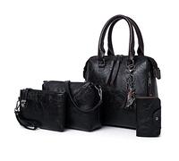 PORRASSO Bolsos de Mujer Set 4pcs Bolso de Hombro de Retro Señora Bolso Bandolera PU Cuero Billetera para Escuela Trabajo Viaje Negro