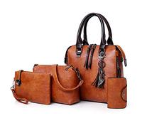 PORRASSO Bolsos de Mujer Set 4pcs Bolso de Hombro de Retro Señora Bolso Bandolera PU Cuero Billetera para Escuela Trabajo Viaje Marrón