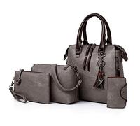 PORRASSO Bolsos de Mujer Set 4pcs Bolso de Hombro de Retro Señora Bolso Bandolera PU Cuero Billetera para Escuela Trabajo Viaje Gris
