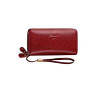 PORRASSO Cartera Mujer Monedero Gran Piel Auténtica Billetero RFID Bloqueo Larga Wallet con Correa de Muñeca Rojo