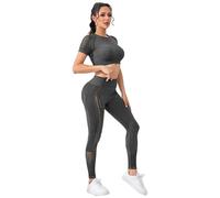 PORRASSO Conjunto Deportivo de 2 Piezas Mujer Conjunto de Entrenamiento Elásticos Leggings de Alta Cintura Top Deportivo de Mangas Cortas en Malla Larga Conjuntos de Ropa Gris Oscuro