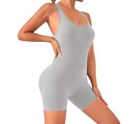 PORRASSO Monos Mujeres Corto Monos Deportivos Sin Mangas Shorts Ajustado Sin Espalda Jumpsuit Elastico Ribbed para Yoga Pilates Entrenamiento Gris Claro