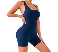 PORRASSO Monos Mujeres Corto Monos Deportivos Sin Mangas Shorts Ajustado Sin Espalda Jumpsuit Elastico Ribbed para Yoga Pilates Entrenamiento Azul Marino