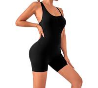 PORRASSO Monos Mujeres Corto Monos Deportivos Sin Mangas Shorts Ajustado Sin Espalda Jumpsuit Elastico Ribbed para Yoga Pilates Entrenamiento Negro