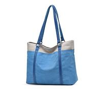PORRASSO Mujer Bolsa de Hombro Grande Bolso Tote Casual Bolsos de Mano de Lona Señora Bolso Shopper para Escuela Trabajo Viaje Compras Azul