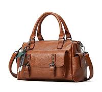 PORRASSO Retro Bolso de Hombro para Mujer con Colgante Bolso de Hombro Impermeable Bolso de Mensajero de Cuero PU Trabajo Viaje Fechado Boston, marrón, large, Retro