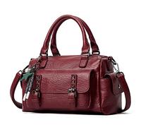 PORRASSO Retro Bolso de Hombro para Mujer con Colgante Bolso de Hombro Impermeable Bolso de Mensajero de Cuero PU Trabajo Viaje Fechado Boston, rojo intenso, large, Retro