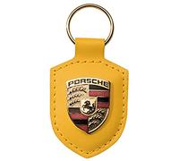 Porsche Llavero de piel amarilla con escudo de metal plateado, con licencia oficial