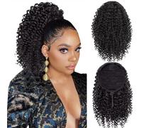 PORSMEER Coleta Postiza Pelo Negro Natural con Cordón Postiza Cola Ceniza Ondulado Rizado Sintética Extensiones Coleta Postizos para Mujeres 30 cm,Afro Kinky Curly Ponytail