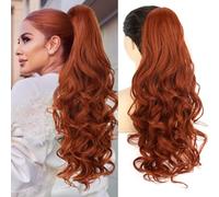 PORSMEER Extension de cabello con cola de caballo con gancho, extensión de pelo con clip en garra, extensión de 66 cm, voluminosa, ondulada, postizo de cola de caballo, trenza, color cobre rojo para