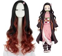 PORSMEER Kamado Nezuko Demon Slayer Cosplay Peluca, Japonés Anime Personaje RPG Pelucas de Pelo con Accesorios, Peluca Larga Rizada Negro Naranja para Halloween