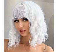 PORSMEER Peluca blanca especial de hombro corto largo rizado ondulado peluca Bob con flequillo sintético Cosplay peluca para mujer, blanco