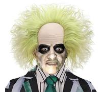 PORSMEER Peluca corta verde mezcla de plata con payaso calvo para hombre, disfraz de Beetlejuice, disfraz para Halloween, disfraz de película, peluca corta y rizada para hombre