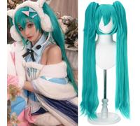 PORSMEER Peluca de 120 cm verde Hatsune Miku Cosplay verde azulado peluca con doble cola de caballo, peluca larga de Lolita para disfraz de Halloween